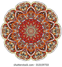 Orange, red, light yellow mandala. Vintage decorative element. Hand drawn background.