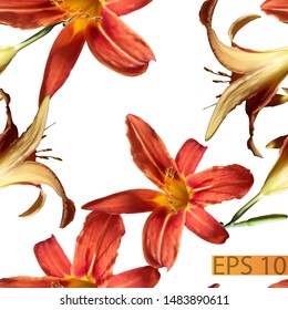 Orange and red lilies.Seamless vector pattern for fabric, wrapping or curtains.isolated on a white background.