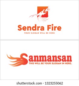 Orange red line art dragon blowing fire  square swash combination mark logo design concept suitable for fairytale fantasy animal
