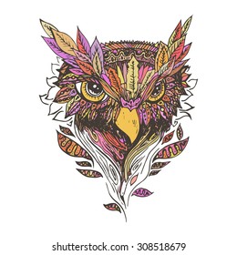 Orange and red owl isolated, sketch. Abstract vector bird with leaves. Print for t-shirt. Wild things.