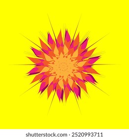 Orange red petals flower on yellow background, mandala