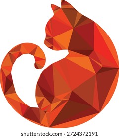 Gato poligonal naranja y rojo acurrucado artístico bajo Diseño gráfico polivinílico. Forma geométrica moderna del animal, Arte vectorial abstracto minimalista. Líneas limpias y Formas geométricas.
