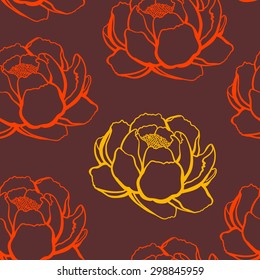 orange and red rose outline on a red background, seamless pattern