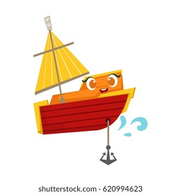 Orange And Red Sailing Boat With An Anchor, Cute Girly Toy Wooden Ship With Face Cartoon Illustration