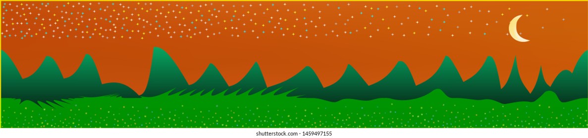 Orange red sky, and mountains landscape. Wide horizontal background. Trendy modern skinali design. Pure glass print fantasy. Horizon, unused. Old game style.
