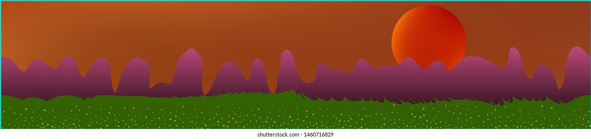 Orange red sky, and mountains landscape. Fairy tale panoramic landscape. Landscape fable. Fresh glass print fantasy. Horizon, graphic. Old game style.