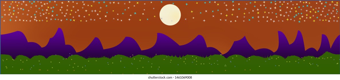 Orange red sky, and mountains landscape. Wonderful landscape texture background. Colorful horizontal pattern texture. Cool glass print fantasy. Horizon, chilly. Old game style.