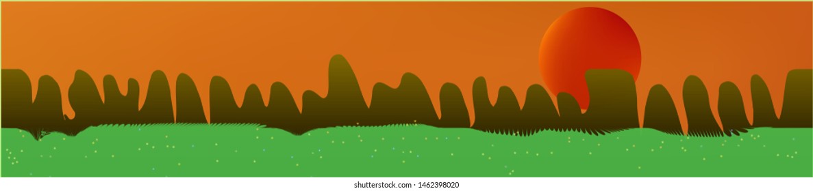Orange red sky, and mountains landscape. Abstract, horizontal texture background picture. Colorful skinali background abstraction. Pure glass print fantasy. Horizon, modern. Old game style.