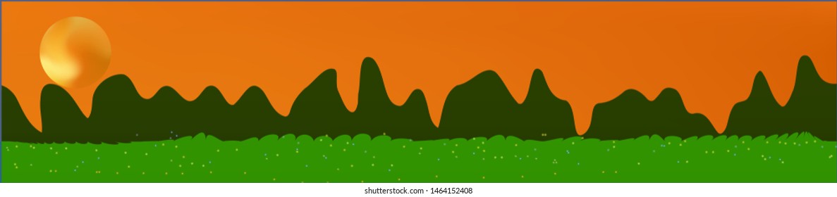 Orange red sky, and mountains landscape. Plain horizontal background illustration. Trendy fairy tale plain design. Recent glass print fantasy. Horizon, blend. Old game style.