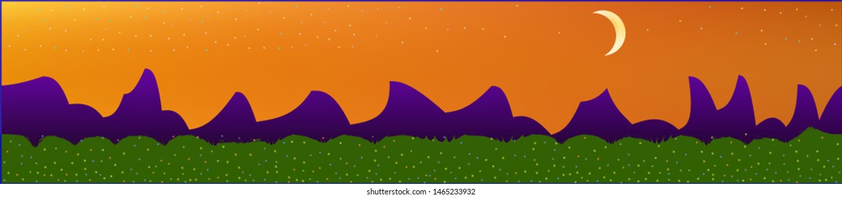 Orange red sky, and mountains landscape. Light glass print panaramic design. Glass print skinali light and dark. Clear glass print fantasy. Horizon, mesh. Old game style.