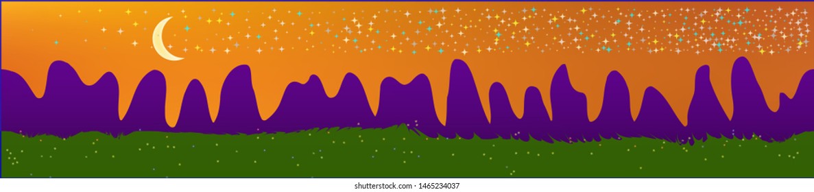 Orange red sky, and mountains landscape. Light glass print panaramic design. Glass print skinali light and dark. Recent glass print fantasy. Horizon, chilly. Old game style.