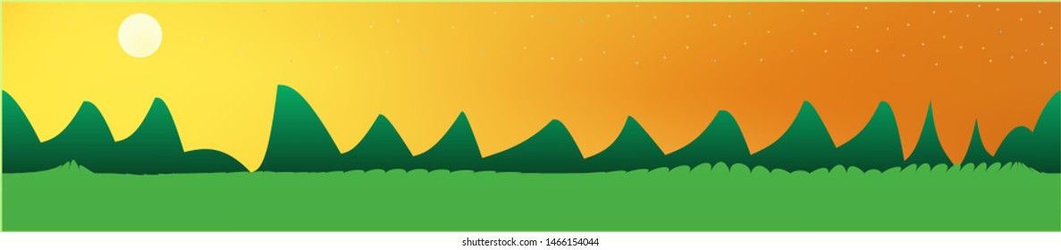 Orange red sky, and mountains landscape. Light glass print panaramic design. Glass print skinali light and dark. Recent glass print fantasy. Horizon, unused. Old game style.
