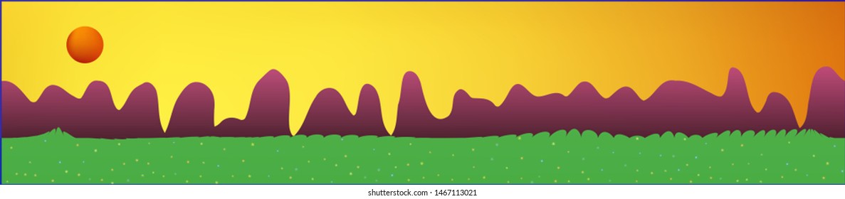 Orange red sky, and mountains landscape. Light glass print panaramic design. Glass print skinali light and dark. Crisp glass print fantasy. Horizon, blur. Old game style.