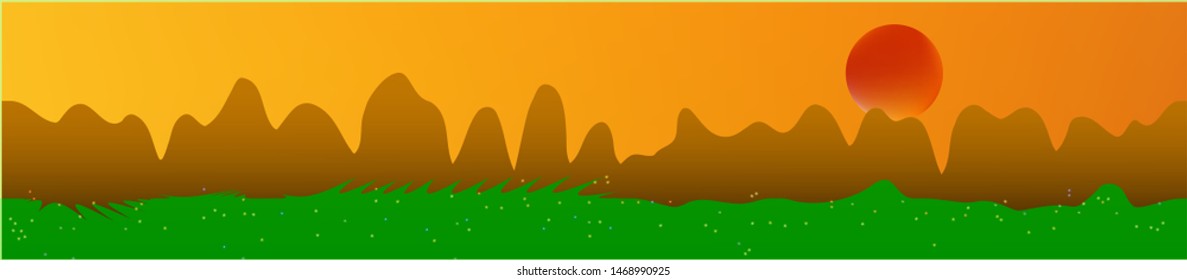 Orange red sky, and mountains landscape. Texture background illustration design. Colorful new glass print design. New glass print fantasy. Horizon, bright. Old game style.