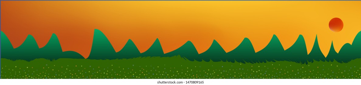 Orange red sky, and mountains landscape. Light colorful skinali art design. Wide artistic view. Pure glass print fantasy. Horizon, bright. Old game style.