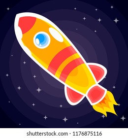 Orange with red stripes space rocket with porthole flying in space among the stars