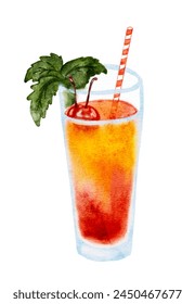 Orange and red summer drink cocktail with mint and straw, vector watercolor image, hand made not AI
