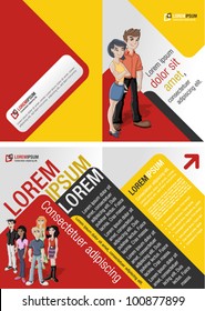 Orange and red template for advertising brochure with teenager students