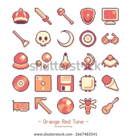Orange Red Tone Pixel Art Icon Pack,  Variant Objects, Simple Design