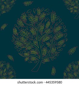 Orange Red Tree on Green Blue Background Vector Illustration