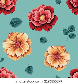 orange and red vector stock flowers with leaves pattern on green background