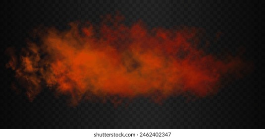 Orange and red vibrant gradient futuristic colorful smoke cloud. Vector realistic magic color haze isolated on the semi transparent dark background.