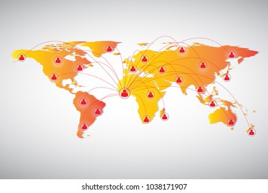 Orange and red world map network connection mesh and line as business, composition concept. Vector Illustration.