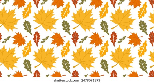 Orange, red, yellow, green Oak, Maple leaves background. Autumn leaves colors. Vector illustration in doodle style. Vector repeated background for wallpaper, wrapping, packing, textile, scrapbooking.
