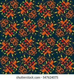 orange, red, yellow objects on a green background . Beautiful seamless pattern for your design. Vector illustration