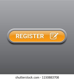 Orange register button with pen and paper icon glossy design with shadow for UI UX, website, mobile application, Vector EPS10 isolate on white background