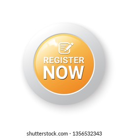 Orange Register Now circle button with icon and shadow for use to your business website,vector EPS10 isolated on white background.