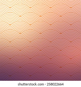 Orange repetitive geometric vector curvy waves pattern texture on blurred background. Vector graphic illustration template.
