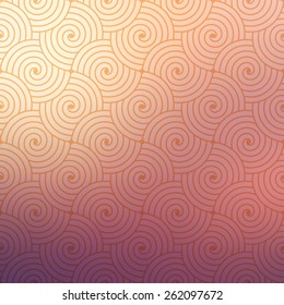 Orange repetitive geometric vector curvy waves pattern texture on blurred background. Vector graphic illustration template.