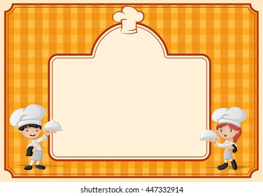 Orange restaurant menu with cartoon chefs holding tray with food.
