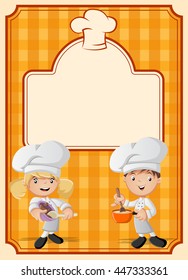 Orange restaurant menu with cartoon chefs cooking.
