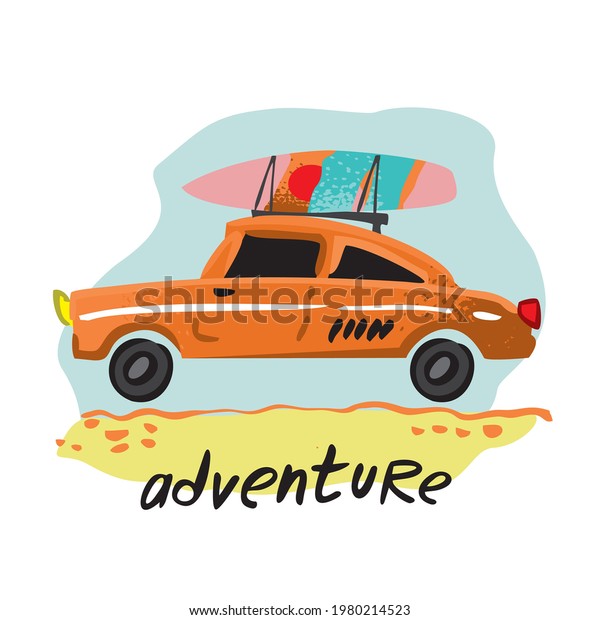Orange retro car rides on the road with\
lettering. Vintage cute car for decoration of children\'s rooms,\
cards, posters, sticker. Banner concept of a good trip. Wall decor.\
Cartoon vector\
illustration