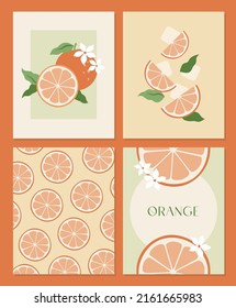 Orange. Retro card with fruits. 90s 80s 70s groovy posters. Modern trendy vintage print. Set of seamless patterns, compozitions, colored background. Vector illustration.