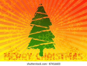 Orange retro Christmas  background with  christmas tree.Vector illustration.