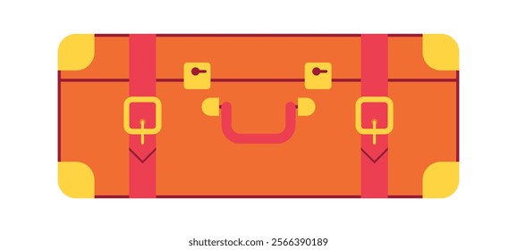 Orange retro design travel suitcase with metal corners, locks and girdling straps. Top view. Traveling mobile luggage. Vector illustration, isolated object, symbol, icon, sign