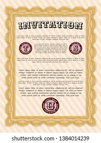 Orange Retro invitation. Artistry design. With guilloche pattern and background. Vector illustration. 