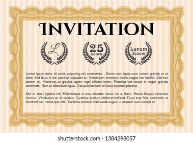 Orange Retro invitation. Artistry design. Detailed. With linear background. 