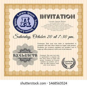 Orange Retro invitation. With complex background. Detailed. Money Pattern design. 
