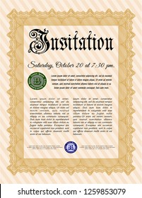 Orange Retro invitation. Customizable, Easy to edit and change colors. Complex background. Cordial design. 