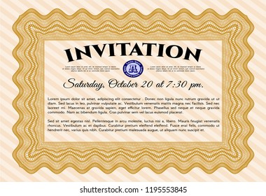Orange Retro invitation. With great quality guilloche pattern. Superior design. Vector illustration. 
