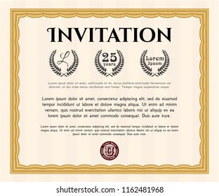 Orange Retro invitation. With guilloche pattern. Vector illustration. Cordial design. 