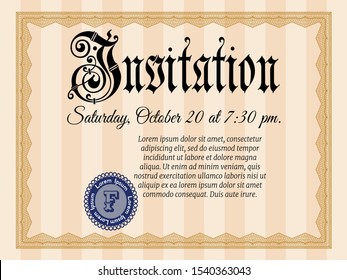 Orange Retro invitation. With guilloche pattern and background. Detailed. Excellent design. 