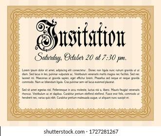 Orange Retro invitation. Money style design. With complex linear background. Detailed. 