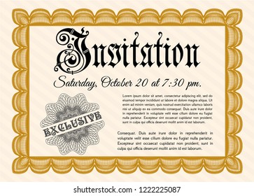 Orange Retro invitation. Superior design. Vector illustration. With guilloche pattern and background. 