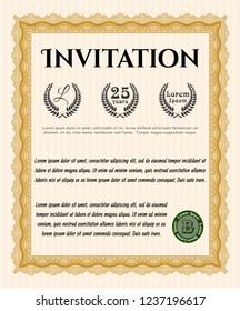 Orange Retro invitation template. Artistry design. Detailed. With linear background. 