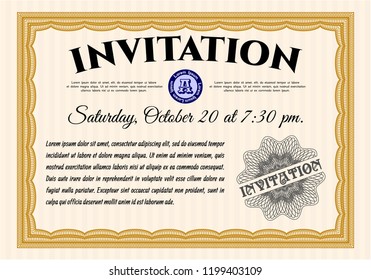 Orange Retro invitation template. With complex linear background. Sophisticated design. Detailed. 